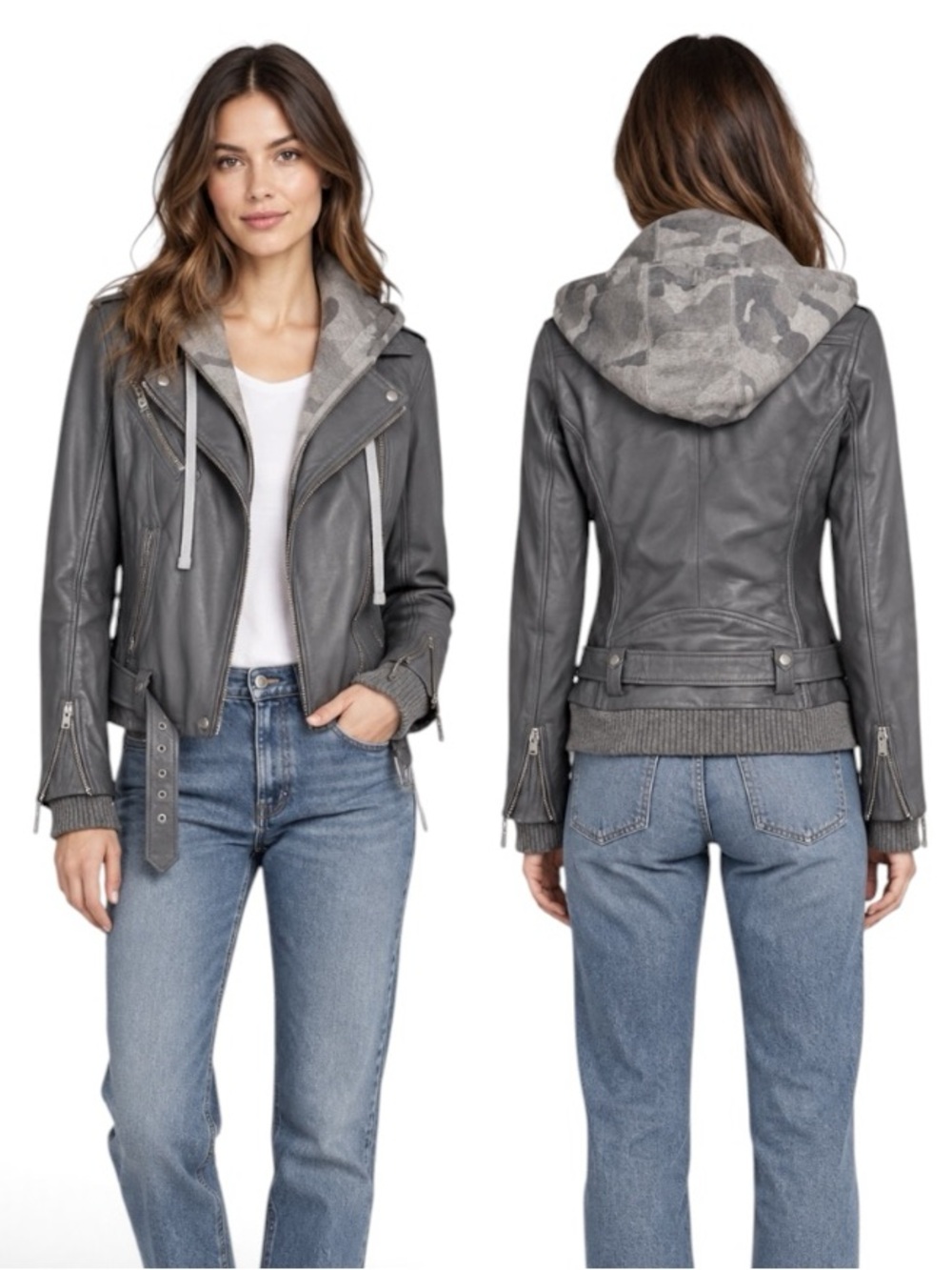 IRO Harper Grey Camo Combo Leather Motorcycle Jacket Size 40 (US 8)